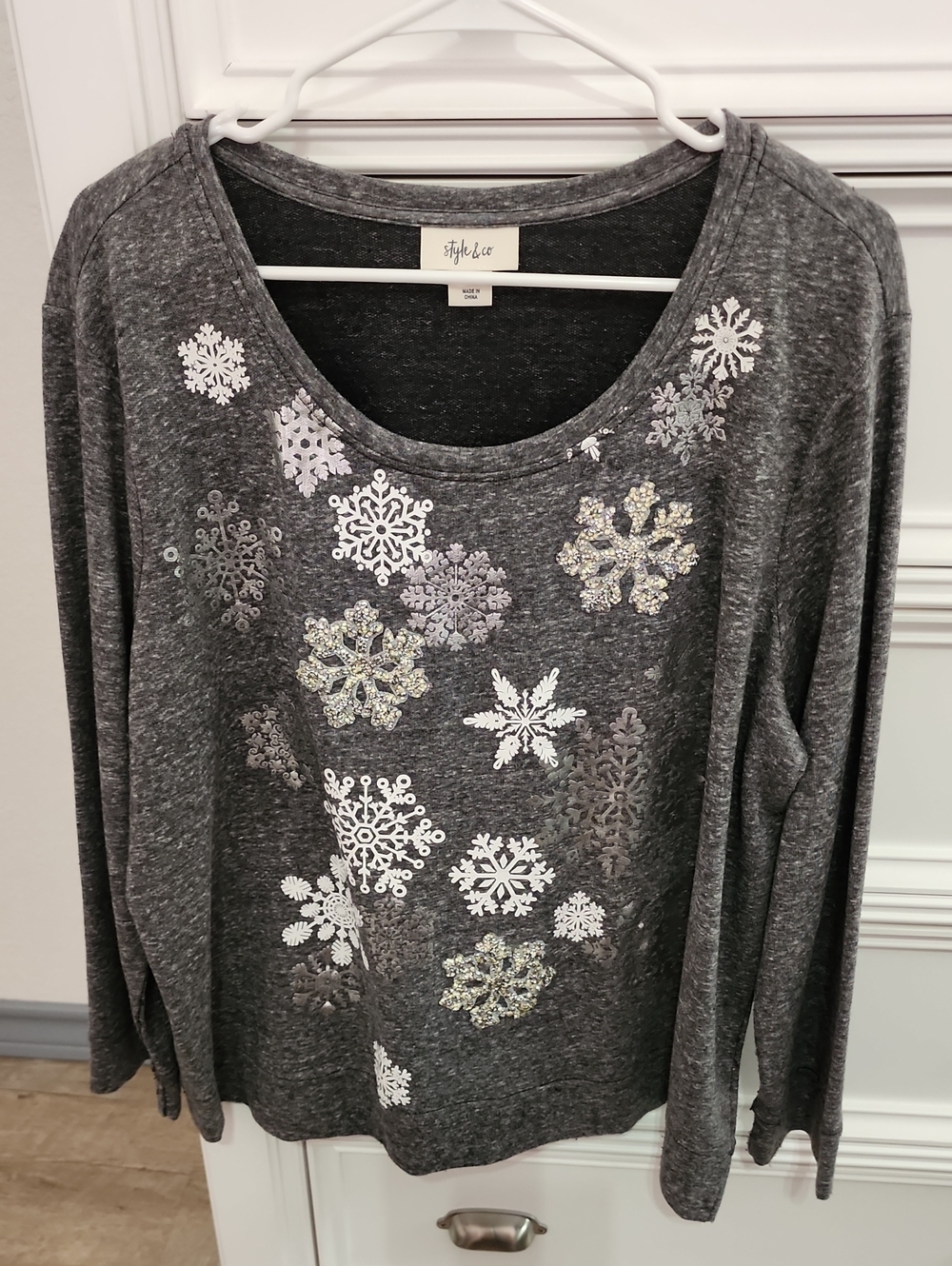 Style & Co. Charcoal Gray Sequin Snowflake Top